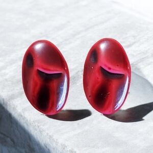 Vintage Lucite Deep Red Large Oval Earrings Post W/Butterfly Backs 1.25"
